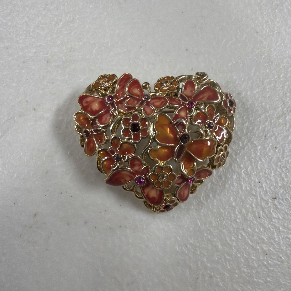 Vintage Monet Enamel Brooch Butterfly Red Flower Heart Gold Tone Pin 2 in